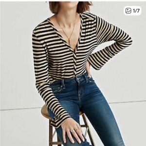 Lucky Brand Navy and Tan Striped Bell Sleeve Blouse, small
